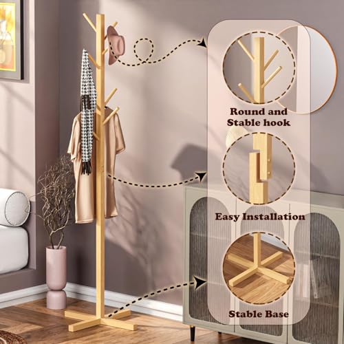 Image of Lukzer Bamboo Freestanding Coat Hanger Stand with 8 Hooks | Natural Wooden Clothes & Hat Rack | Space-Saving Floor Stand for Bedroom, Entryway, Office & Living Room | Multipurpose Organizer CH-493