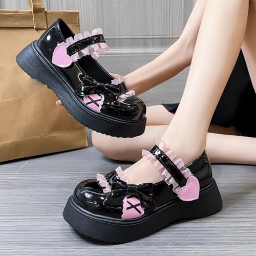 Women Harajuku Y2K Kawaii Goth Lolita Round Toe Chunky Heels Pink Lace Bow-Knot Decor Platform Mary Jane Shoes4