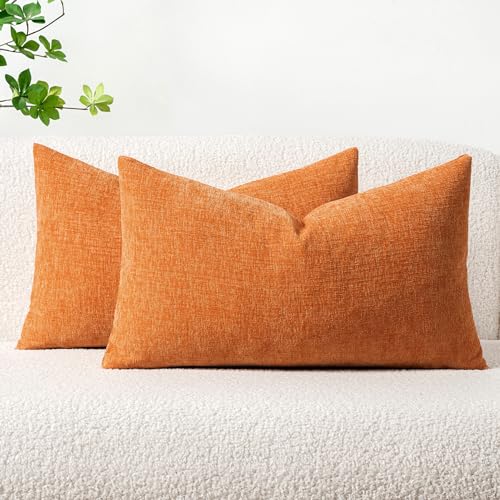Image of MIULEE Pack of 2 Orange Throw Pillow Covers 12x20 Inch Soft Chenille Lumbar Pillow Covers for Sofa Living Room Couch Fall Home Decor Solid Dyed Cases