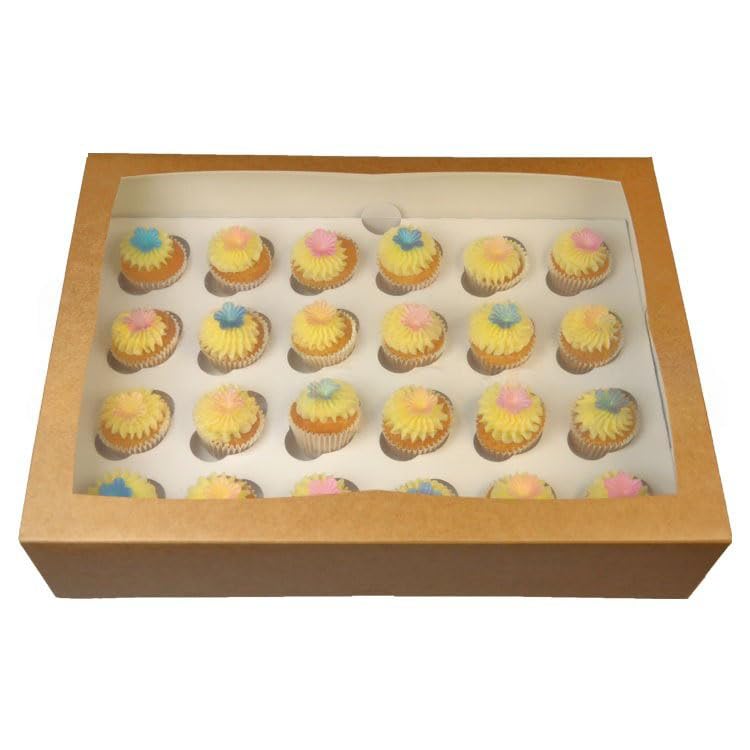 LARRYROO Kraft Brown Windowed MINI Cupcake Box | 24 Cavity | Mini Cup Cake Boxes & inserts (100)