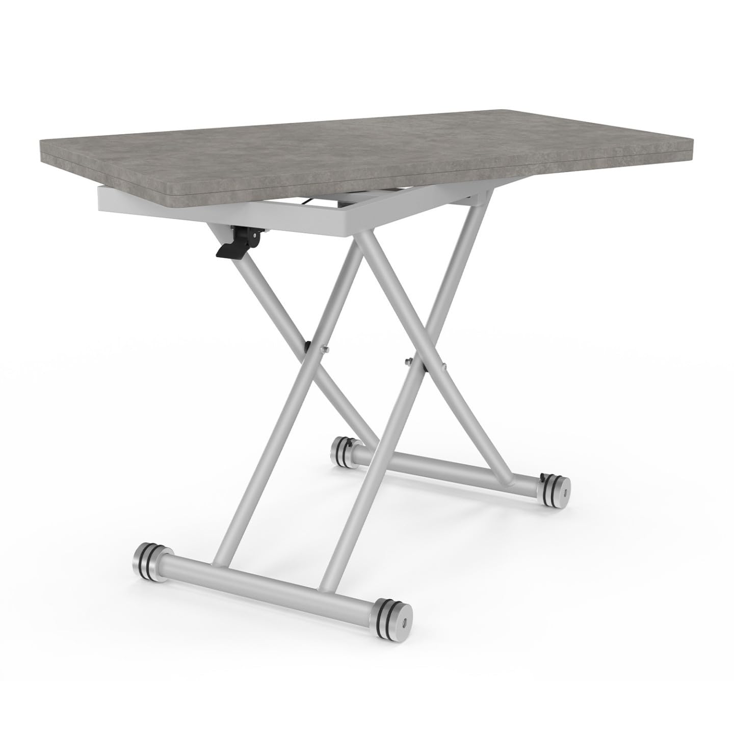 IDMarket – Mesa de centro 2 en 1 elevable en mesa de comedor Urbana hormigón | Rectangular, 100 x 57/114 x 30/75 cm, bandeja efecto hormigón y pie gris cromado