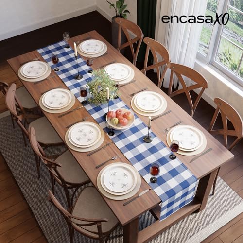 Image of Encasa XO Cotton Table Runner for 4 to 6 Seater | Size 13x72 in | Buffalo Blue Checks - Machine Washable & Durable