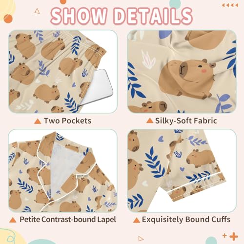 senya Cute Capybara Grass B Satin Summer Pajama Sets Silk Short Sleeve Button Down Sleepwear3