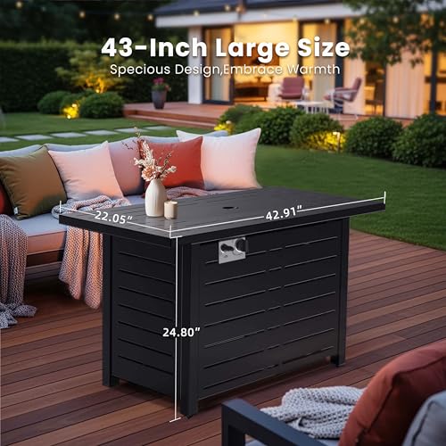 R.W.Flame 43-Inch Propane Fire Pit Table, 50,000 BTU Outdoor Gas Firepit with Waterproof Cover, Glass Stones, Removable Lid, Cup Holders, 2-in-1 Fire Table for Patio, Backyard, Garden, Black — view 4