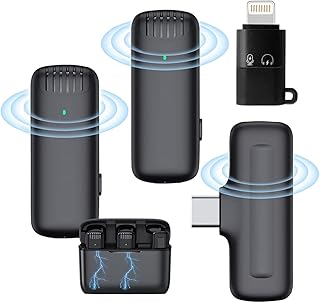 2 peças Microfone de lapela sem fio para dispositivos IOS e Android, Plug & Play, Sincronização automática, nenhum aplicativo ou bluetooth necessário，microfone de lapela plug-play de 2,4 GHz com estojo de carregamento para gravação, entrevista, Vloggers, YouTube, transmissão ao vivo do Facebook. (J13-Type C-2 peças)