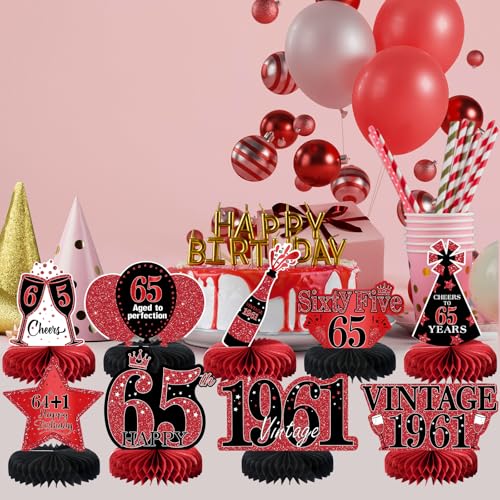 Image of 9Pcs 65th Birthday Decorations Red and Black 65th Birthday Party Decorations for Women,Happy 65 Years Vintage 1961 Aged Honeycomb Centerpieces Table Sign Decor Supplies