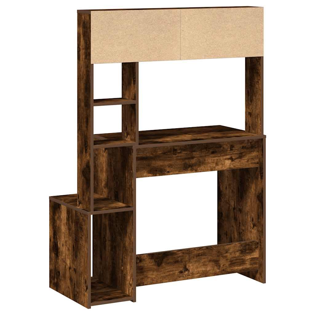 Scrivania con Mensole Rovere Fumo in Truciolato 100x45x140 cm con Ripiani e Cassetti, Tavolo per Studio, Ufficio, Smartworking, PC Gaming, Spaziosa Postazione Lavoro Casa