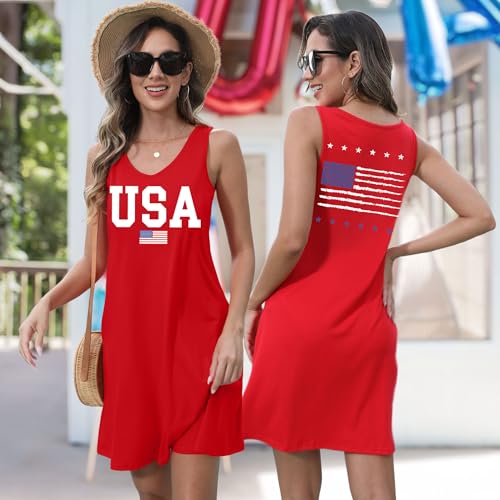 Image of NEWWEN American Flag Dress Women 4th of July Sleeveless Tank Dress 250 Anniversary USA Patriotic Summer Sundress