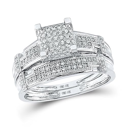 Jewels By Lux 10K White Gold His Hers Round Diamond Square Matching Wedding Set 1/2ctw, Womens Size 5-9, Mens Size 8-122