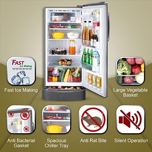 Image of LG 205 L 5 Star Inverter Direct-Cool Single Door Refrigerator Appliance (GL-D221APZZ, Shiny Steel, Base stand with drawer)