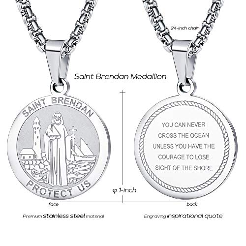 Wolentty Saint Brendan Necklace - 1" Stainless Steel Catholic St. Brendan Medal Pendant with 24" Chain4
