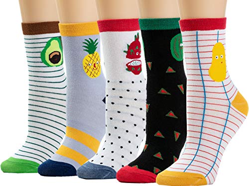 5 Pairs Women Crew Socks Casual Cute Cotton Animal Socks Long Ankle Socks Design for Girls WCS1(Pitaya)