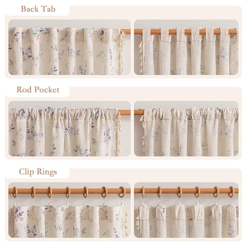 Image of MYSKY HOME Floral Linen Boho Curtains 96 Inches Length for Living /Dining Room Spring Vintage Farmhouse Printed Light Filtering Window Curtain Panels with Tassel Back Tab, W50, Purple, Pack-2