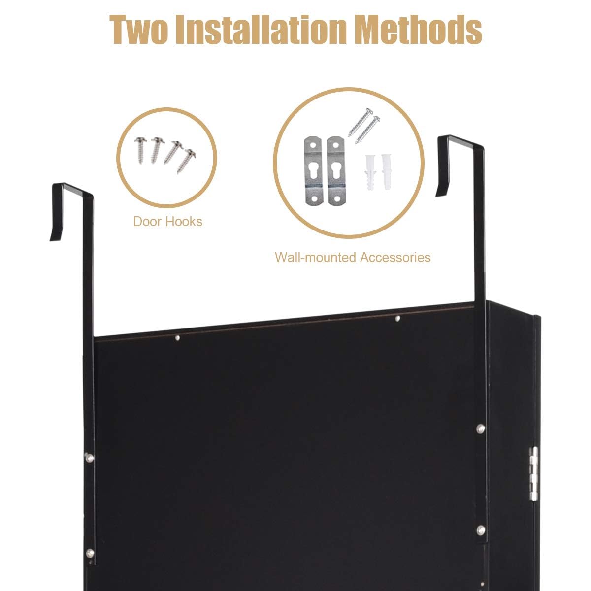 GOPLUS 2 en 1 Armoire à Bijoux avec Miroir, Organisateur de Bijoux Mural avec Lumières LED Automatiques, Armoire de Rangement Cosmétiques Verrouillable pour Chambre, Vestiaire (Noir)