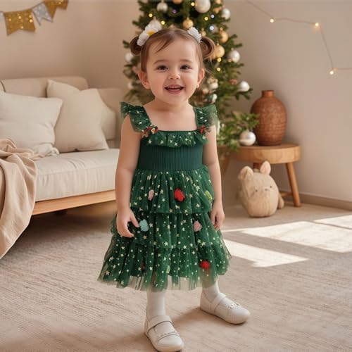 Toddler Christmas Dress Xmas Tree Glitter Star Pompom Embroidery Tulle Tiered Twirl Holiday Dresses Cake Smash Photo3