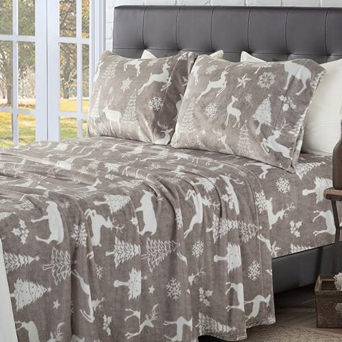 Elegant Comfort Luxuriously Soft 4-Piece Holiday Velvet Plush Flannel Sheet Set - Premium Quality - Cozy Warm, Christmas Fuzzy Velvet Flannel Fleece Deep Pocket Sheet Set - Twin, Silver Reindeer