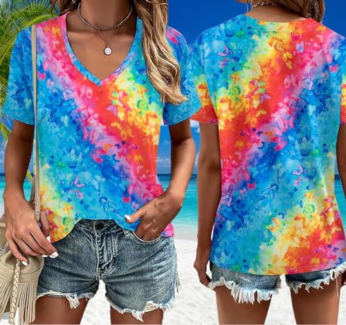 Womens Tie Dye Shirts Butterfly Color Gradient Print V Neck Tshirt Summer Casual Rainbow Short Sleeve Tee Tops3