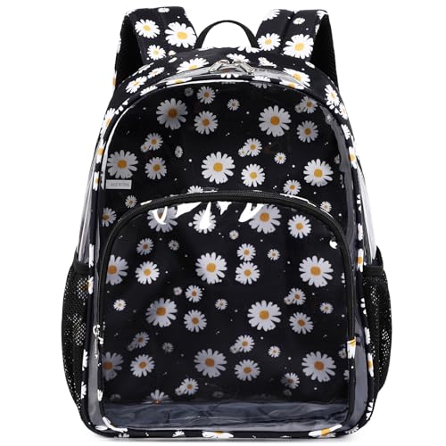 Kimwadalh Heavy Duty Clear Backpack, Black Daisy TPU See Through backpack for Women, Lightweight Clear Book Bag for School College Work Travel Beach Swim