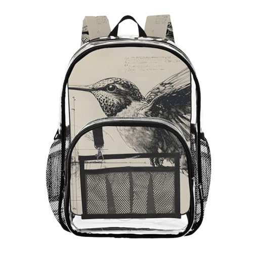Hummingbird Paper Clear Backpack, PVC Transparent Bag with Large Capacity for Boys, Girls, Men, Women, See Through Bookbag for School Work College Travel