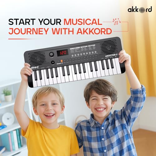 Image of Akkord 37 Keys Music Keyboard - Red Edition | 20 Rhythms, 10 Tones & 10 Demos, LED Display, Portable Beginner Piano Compatible | Kids, Beginner Keyboard with USB-C Cable (Without Adapter and MIDI)