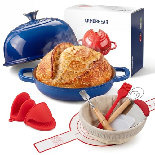 Image of 5QT Enameled Cast Iron Sourdough Bread Oven & Starter Kit, Blue | Tight-fitting Dome Lid Helps Retain Steam, Baking Kit Supports Proofing, Scoring & Dough Transfer, Complete Artisan Bread Set
