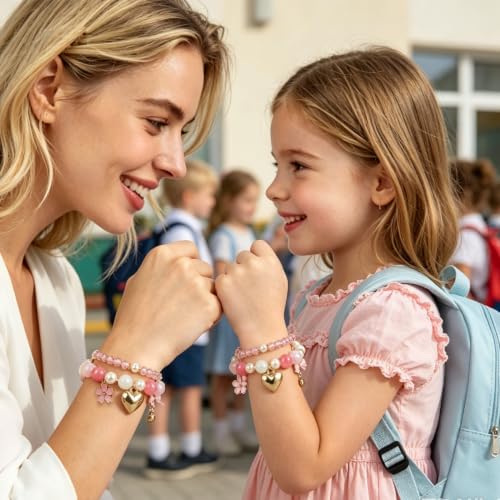 Image of First Day of Kindergarten Bracelets,First Day of School Bracelets for Mom and Daughter,Back to School Bracelet Pre-K Matching Heart Wish Adjustable Bracelet