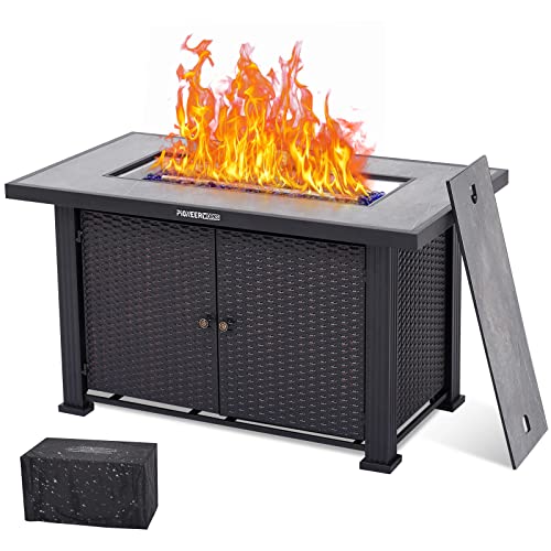 44 in Propane Fire Pit Table (Double Door), 50000BTU Rectangle Fire Table with Cover & Rain Cover, Sturdy Steel and Iron Fence Surface, CSA Safety Cer