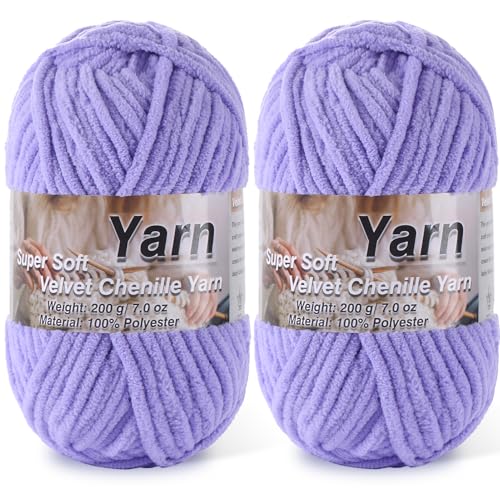 Image of 2 * 200g /7oz Chunky Chenille Yarn for Baby Blanket Yarn for Crocheting - Super Soft Chenille Plush Yarn - Bulk Thick Yarns Used for Making Scarves, Blankets, DIY Craft (Light-Lavender)