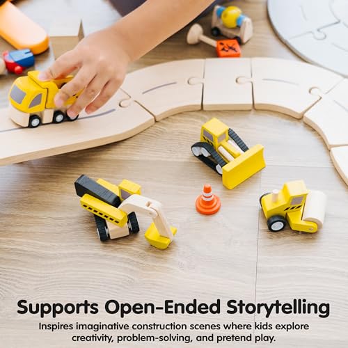 Image of PlanToys Road Construction Set Wooden Montessori Imaginative and Fine Motor Play Toy | Coordination, Creativity and Social Skill Building Activity | Eco Friendly Vehicle Set for Open Ended Play