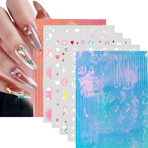 Fuldgaenr Iridescent Nail Stickers For Nail Art Supplies, Self Adhesive Nail Art Stickers With Ombre Butterfly Heart Cloud Star Designs 3D Decals Nail Accessories Decorations For Women Girls Kids #TOP27