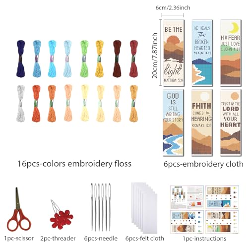 Image of FREEBLOSS 11CT 6 Set Cross Stitch Bookmark Kit Landscape Stamped Embroidery Bookmark Kit with Instructions 6 Back Felt Bookmarks Making Set for Adults Book Lovers, 8 inchx2.4 inch