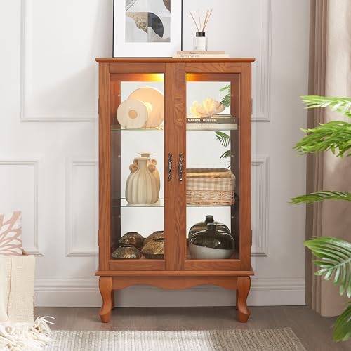 Image of 43 inch H Lighted Curio Cabinet Display Case with Light Bulb, Glass Curio Cabinet with Adjustable Shelves & Tempered Glass Door, Wooden Cabinets w /Mirrored Back Pane for Living Room(Oak)