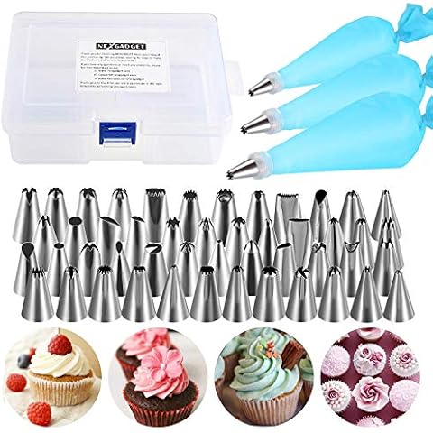 NEXGADGET Spritztüllen Set, Torten Dekoration Set mit Edelstahldüsen, Silikonbeutel, Koppler usw. Backzubehör Spritzbeutel Set für Cupcakes, Torten, Kuchen, Keksen-Dekoration, Eclairs -55 Pcs Cover