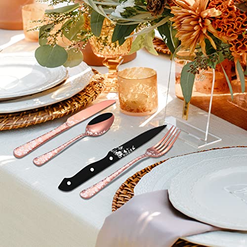Stapava 48-Piece Copper Silverware Set with Steak Knives for 8, Stainless Steel Rose Gold Flatware Cutlery Set, Mirror Eating Utensils Tableware with Butterfly Flower Laser, Dishwasher Safe