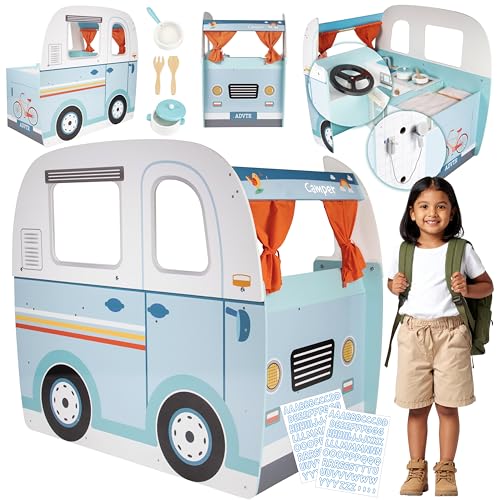 Wooden Play Camper Van Toy Playset w Steering Wheel Kitchen Stove Oven