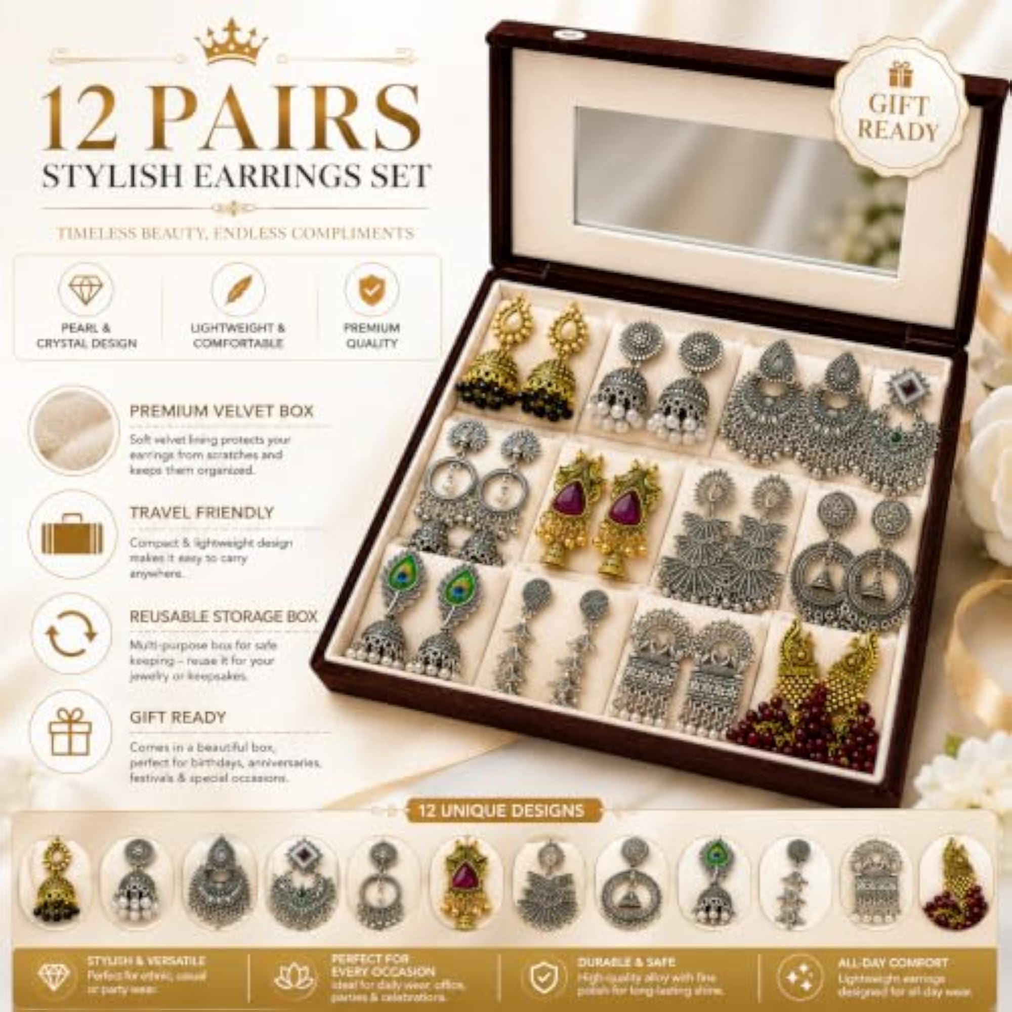 12 Pairs Oxidised Earrings Set for Women with Jewelry Box