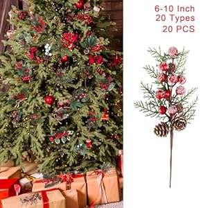 20 pcs artificial christmas tree picks20 styles with red berry picks holly leaves pinecones for christmas winter holiday and floral arrangement to decorate  urban country home decor