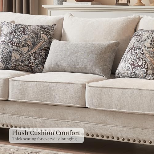 Image of Modern Farmhouse Loveseat Sofa, Chenille Upholstery with Nailhead Trim, Small Couch for Living Room, Bedroom, Office, or Apartment, Includes 4 Accent Pillows
