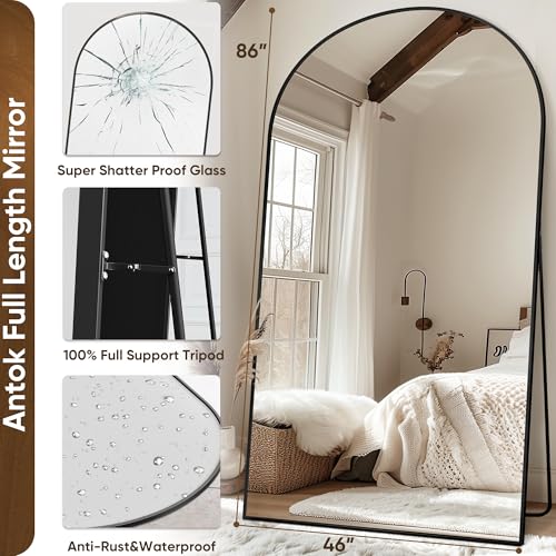 Image of Antok Oversized Full Length Mirror with Stand, Arched Floor Mirror, Aluminum Frame,Wall Mounted /Leaning /Free Standing, Large Body Mirror for Bedroom Living Room Entryway Dressing Room,Black86 inchL x 46 inchW