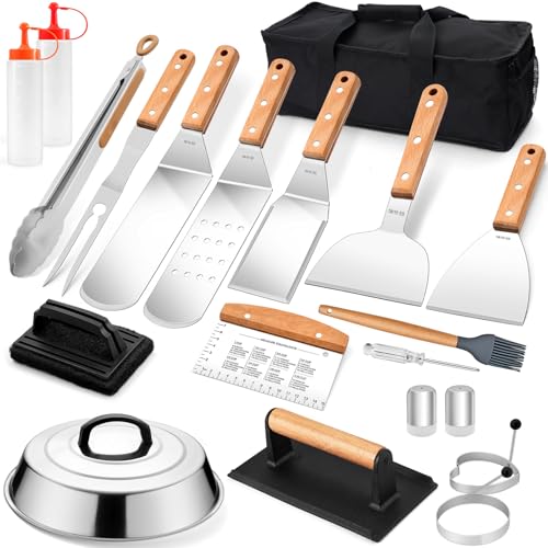 20 Pcs Griddle Accessories Kit, Leonyo Flat Top Grill Accessories, 18/10 Stainless Steel Griddle Spatula with Enlarge Spatula, Metal Scraper, BBQ Tool Set for Outdoor Cooking, Barbecue Grilling