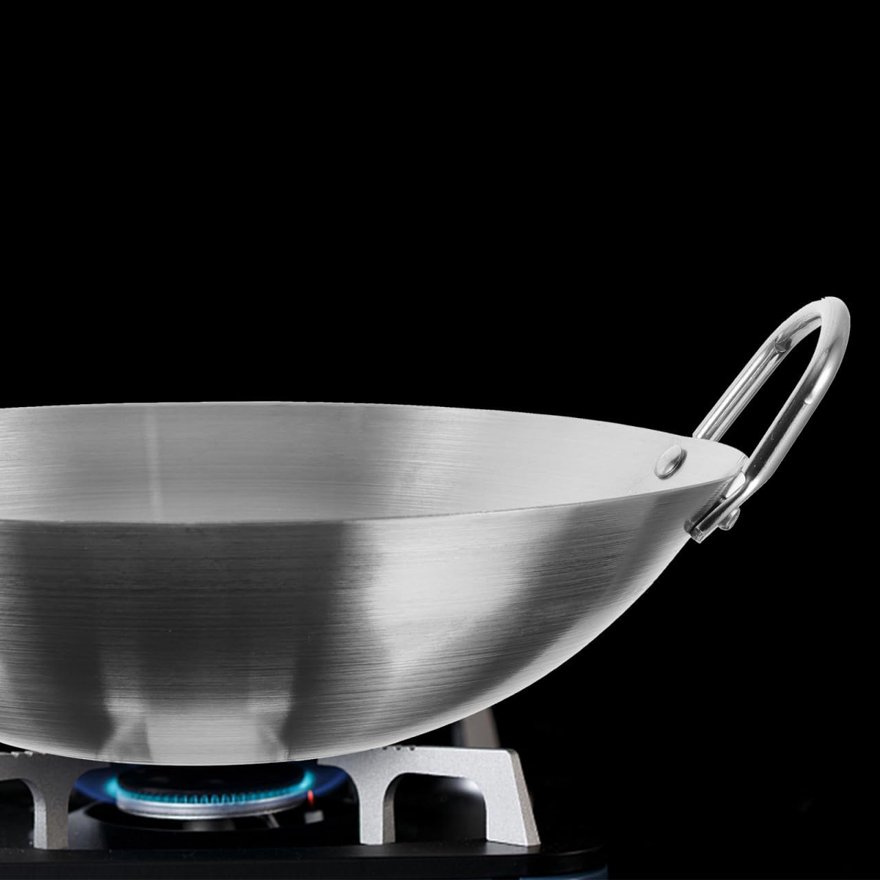 Tofficu Stainless Steel Wok 12 Inch Double Handle Round Bottom Frying Pan for Stir Fry Cooking Chinese Kitchen Use