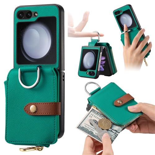 Coque Samsung Galaxy Z Flip 3 portefeuille cuir vert avec fermeture éclair
