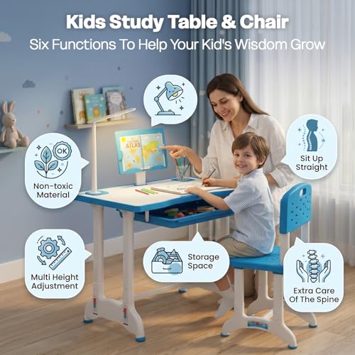Image of StarAndDaisy Study Table for Kids 3-12years Boys Girls /Kids Study Table with Hight Adjustable Table & Chair, Book Storage, Book Holder & Cup Holder (Blue (with LED LAMP) (E60-Blue)