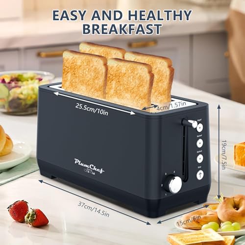 Image of Plum chef 4-Slice Toaster, Extra Wide Long Slot Toaster, 6 Browning Settings, Bagel /Defrost /Reheat Functions, Removable Crumb Tray, Stainless Steel Housing 1350W，Matte Black