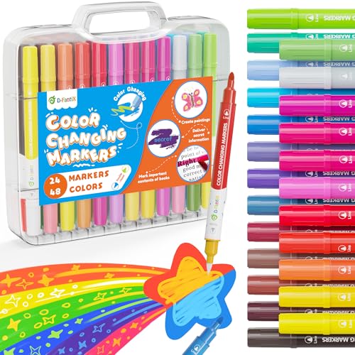 D-FantiX Color Changing Markers for Kids Adults 24 Pack 48 Colors Dual Tip Magic Drawing Pens Art Supplies Arts and Crafts Coloring Set Car Airplane Travel Activities Gifts for Boys Girls Teens