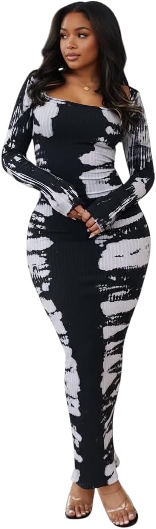 Women’s Long Sleeve Tie Dye Maxi Dress – Ribbed Knit Bodycon Square Neck Slim Fit Clubwear Party Dress