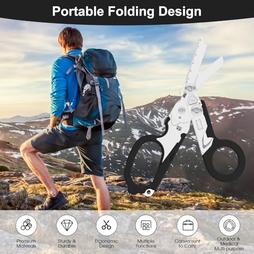 Image of 6 in 1 trauma shears, Folding Retractable Emergency Shears, Outdoor Camping Tools, Seat Belt Cutter, Oxygen Cylinder Wrench, Complimentary Adjustable Wrench (black)