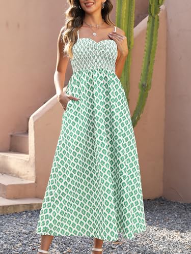 Image of Gardenwed Women's Floral Print Maxi Dress,Spaghetti Strap Smocked Bodice A-Line Sundress with Pockets