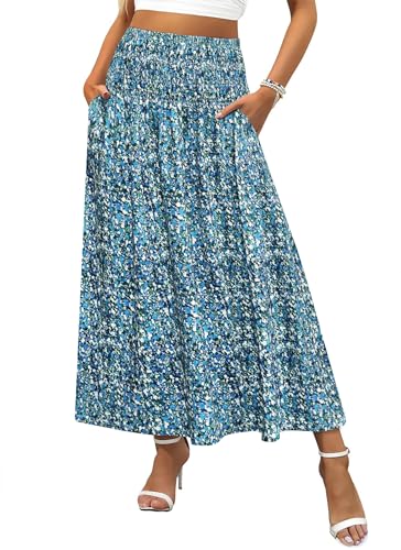 Herou Women Pleated Maxi Skirts Boho High Waisted Ankle Length Skirts Summer Casual Flowy Long Skirts for Women