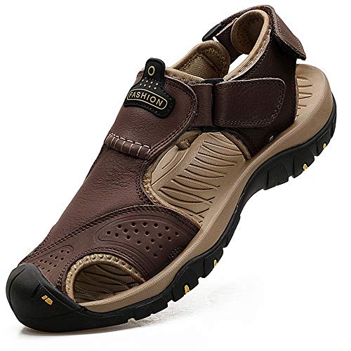 Image of visionreast Mens Closed Toe Fisherman Leather Sandals Outdoor Hiking Beach Sandals Athletic Water Shoes
